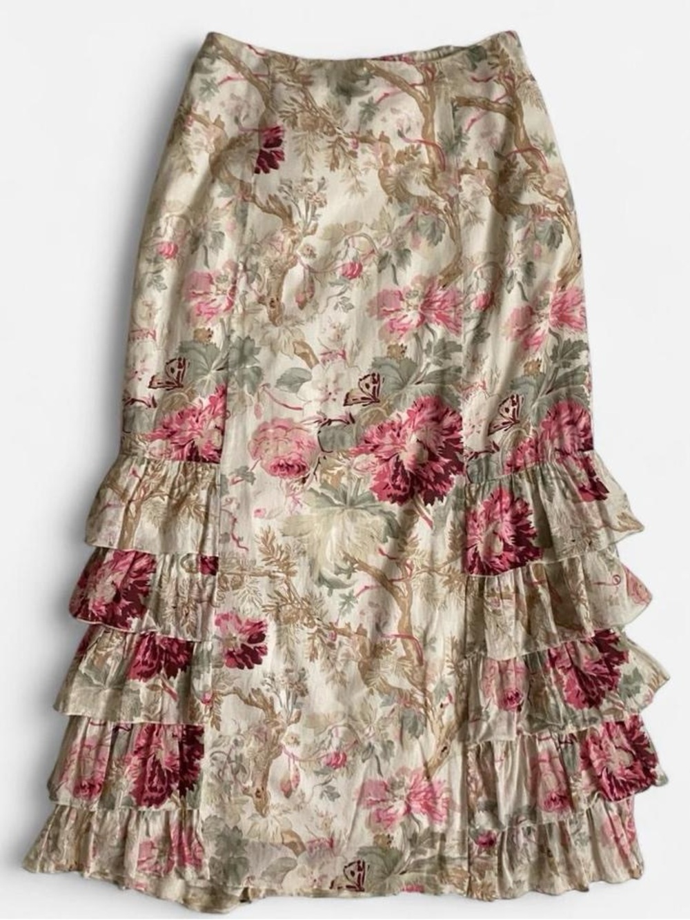 Beige botanical ruffle floral cotton maxi skirt
